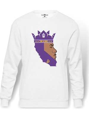 Tshirthane The King 23 La Basketbol Baskılı Beyaz Erkek Örme Sweatshirt Uzun Kol