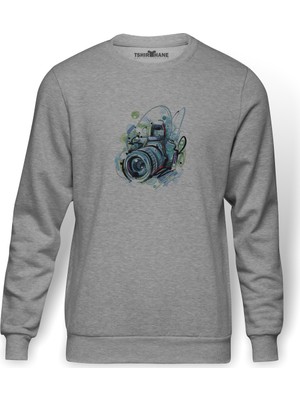 Tshirthane Fotoğraf Makinesi Objek Lens Camera Kamera Baskılı Gri Erkek Örme Sweatshirt Uzun Kol