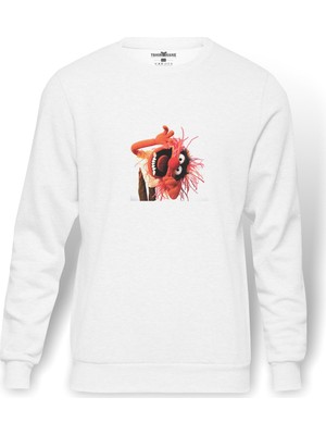Tshirthane The Muppets   Baskılı Beyaz Erkek Örme Sweatshirt Uzun Kol