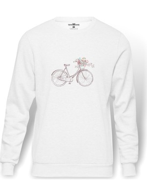 Tshirthane Sepeti Çiçeklerle Dolu Bisiklet Baskılı Beyaz Erkek Örme Sweatshirt Uzun Kol