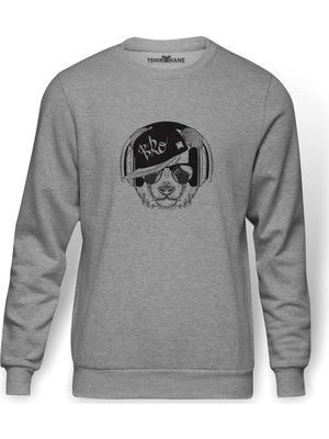 Tshirthane Gözlüklü Kulaklık Ve Hip Hop Şapkalı Baskılı Gri Erkek Örme Sweatshirt Uzun Kol