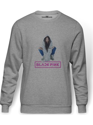 Tshirthane Jeanie Kim Jennie Kim Blackpınk K Baskılı Gri Erkek Örme Sweatshirt Uzun Kol