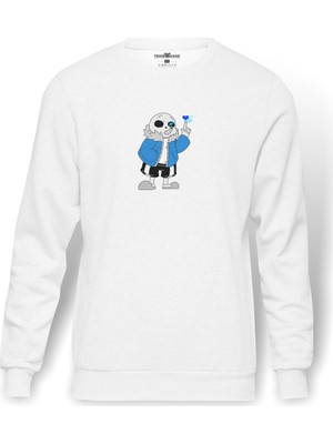 Tshirthane Undertale Sans   Baskılı Beyaz Erkek Örme Sweatshirt Uzun Kol