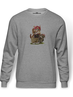 Tshirthane Kedicik Ve Baykuş Fotoğrafm Makinesi Camera Baskılı Gri Erkek Örme Sweatshirt Uzun Kol