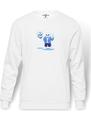 Tshirthane Undertale Sans Skull  Baskılı Beyaz Erkek Örme Sweatshirt Uzun Kol