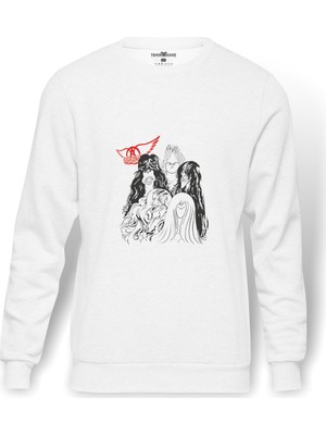 Tshirthane Aerosmith Hard Rock Rock And Roll Baskılı Beyaz Erkek Örme Sweatshirt Uzun Kol