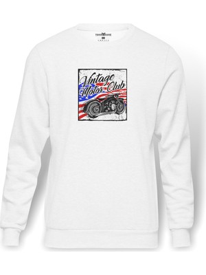 Tshirthane Vintage Motorcycle  Baskılı Beyaz Erkek Örme Sweatshirt Uzun Kol