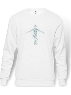 Tshirthane Yeşil Ve Mavi Insan Dna Sanat Baskılı Beyaz Erkek Örme Sweatshirt Uzun Kol