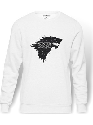 Tshirthane Game Of Thrones Baskılı Beyaz Erkek Örme Sweatshirt Uzun Kol