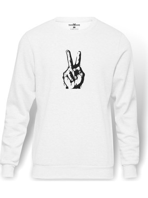 Tshirthane Zafer İşareti  Baskılı Beyaz Erkek Örme Sweatshirt Uzun Kol