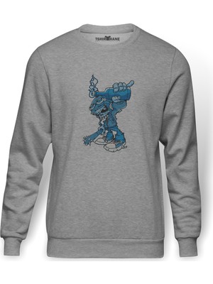 Tshirthane Blue Zombie Baskılı Gri Erkek Örme Sweatshirt Uzun Kol