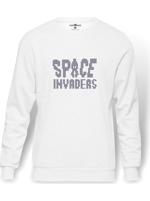 Tshirthane Space Invaders Baskılı Beyaz Erkek Örme Sweatshirt Uzun Kol