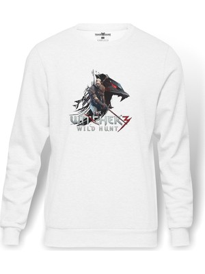 Tshirthane The Witcher Baskılı Beyaz Erkek Örme Sweatshirt Uzun Kol