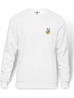 Tshirthane 1960'Larda Barış Sembolleri Hippi Çiçek Gücü Baskılı Beyaz Erkek Örme Sweatshirt Uzun Kol
