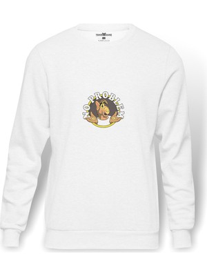 Tshirthane Alf Kiss Sticker Telegram Baskılı Beyaz Erkek Örme Sweatshirt Uzun Kol