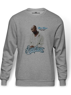 Tshirthane Rap Hiphop 2Pac Rip West Coast Baskılı Gri Erkek Örme Sweatshirt Uzun Kol