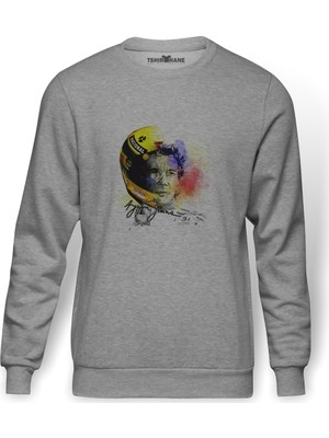 Tshirthane Formula F1 Ayrton Senna F1 Car Baskılı Gri Erkek Örme Sweatshirt Uzun Kol