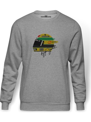 Tshirthane Formula F1 Ayrton Senna F1 Car Baskılı Gri Erkek Örme Sweatshirt Uzun Kol