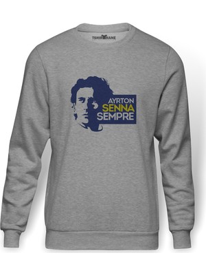Tshirthane Formula F1 Ayrton Senna F1 Car Baskılı Gri Erkek Örme Sweatshirt Uzun Kol