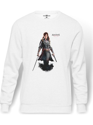 Tshirthane Assassins Creed Elise De La Serre Baskılı Beyaz Erkek Örme Sweatshirt Uzun Kol