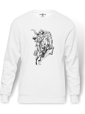 Tshirthane At Rider   Baskılı Beyaz Erkek Örme Sweatshirt Uzun Kol