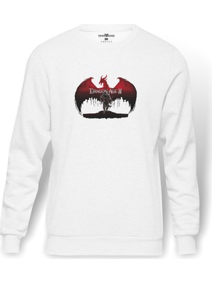 Tshirthane Attack On Titan Dragon Age Iı Baskılı Beyaz Erkek Örme Sweatshirt Uzun Kol