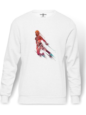 Tshirthane Basketbol Oyuncusu   Baskılı Beyaz Erkek Örme Sweatshirt Uzun Kol
