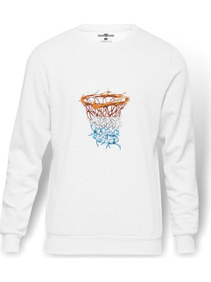 Tshirthane Basketbol Pota   Baskılı Beyaz Erkek Örme Sweatshirt Uzun Kol
