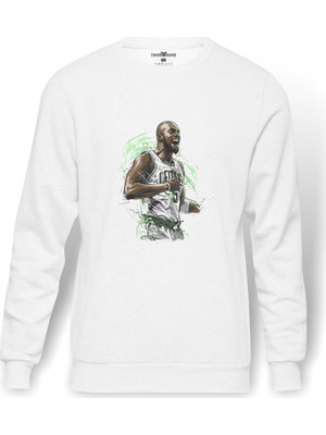 Tshirthane Basketci Basketbol   Baskılı Beyaz Erkek Örme Sweatshirt Uzun Kol