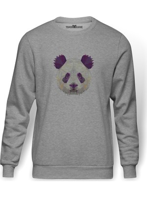 Tshirthane Polygonal Head Panda Baskılı Gri Erkek Örme Sweatshirt Uzun Kol