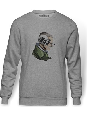 Tshirthane Stan Lee Marvel Baskılı Gri Erkek Örme Sweatshirt Uzun Kol