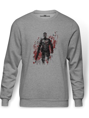 Tshirthane Punisher Baskılı Gri Erkek Örme Sweatshirt Uzun Kol