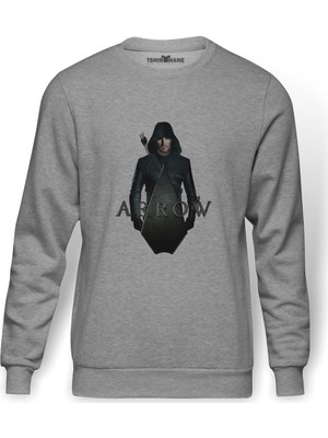 Tshirthane Arrow Amell Summerslam  Baskılı Gri Erkek Örme Sweatshirt Uzun Kol