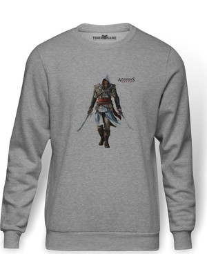 Tshirthane Assassins Creed Iv Black Flag Baskılı Gri Erkek Örme Sweatshirt Uzun Kol