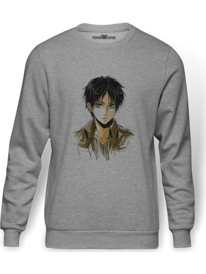 Tshirthane Anime Attack On Titan Baskılı Gri Erkek Örme Sweatshirt Uzun Kol