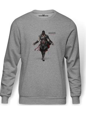 Tshirthane Assassins Creed Syndicate  Baskılı Gri Erkek Örme Sweatshirt Uzun Kol