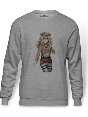 Tshirthane Anime Attack On Titan Baskılı Gri Erkek Örme Sweatshirt Uzun Kol