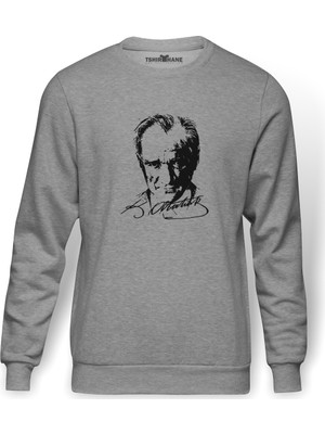 Tshirthane Atatürk 23 Nisan  Baskılı Gri Erkek Örme Sweatshirt Uzun Kol