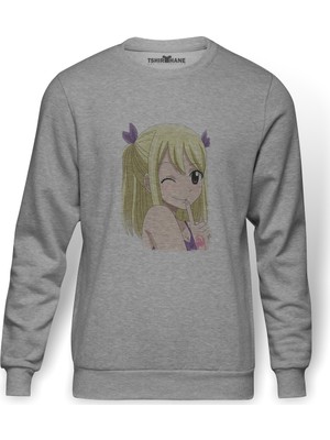 Tshirthane Anime Mavis Vermillion Fairy Tail Glass Baskılı Gri Erkek Örme Sweatshirt Uzun Kol