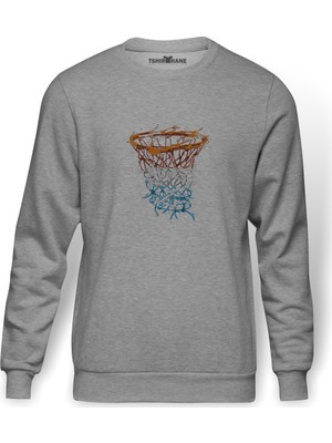 Tshirthane Basketbol Pota   Baskılı Gri Erkek Örme Sweatshirt Uzun Kol