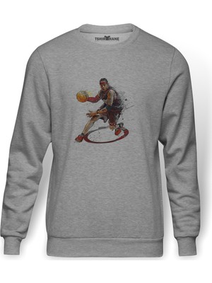 Tshirthane Basketci Basketbol Spor  Baskılı Gri Erkek Örme Sweatshirt Uzun Kol