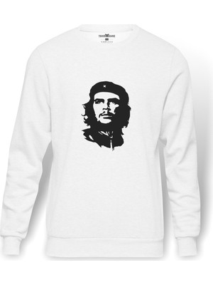 Tshirthane Che Guevara   Baskılı Beyaz Erkek Örme Sweatshirt Uzun Kol
