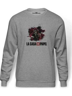 Tshirthane La Case De Papel Dali El Baskılı Gri Erkek Örme Sweatshirt Uzun Kol