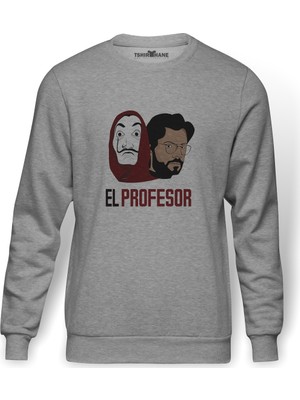 Tshirthane La Case De Papel El Profesor Baskılı Gri Erkek Örme Sweatshirt Uzun Kol