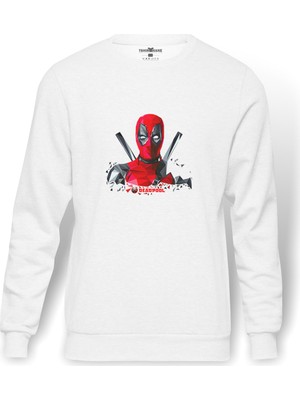 Tshirthane Deadpool 3D Boyut  Baskılı Beyaz Erkek Örme Sweatshirt Uzun Kol
