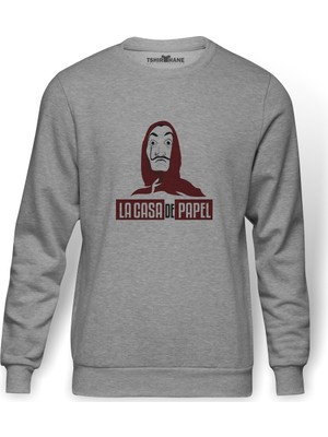 Tshirthane La Case De Papel Hodie Baskılı Gri Erkek Örme Sweatshirt Uzun Kol