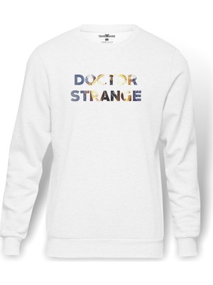 Tshirthane Doctor Stange   Baskılı Beyaz Erkek Örme Sweatshirt Uzun Kol