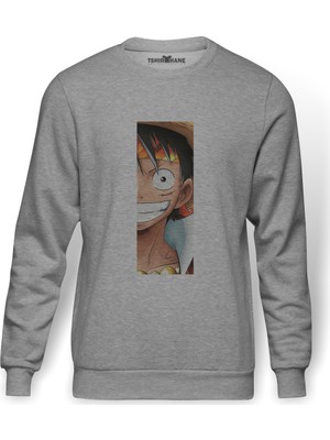 Tshirthane Anime One Piece Amiral Baskılı Gri Erkek Örme Sweatshirt Uzun Kol