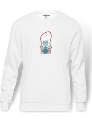 Tshirthane Etnik Renk Fotoğraf Makinesi  Baskılı Beyaz Erkek Örme Sweatshirt Uzun Kol