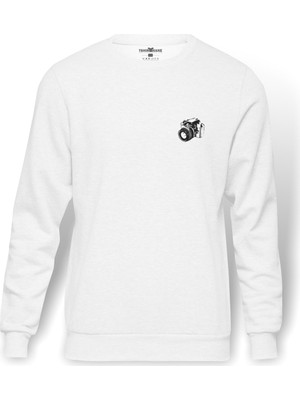 Tshirthane Fotoğraf Makinesi Karakalem Çizim  Baskılı Beyaz Erkek Örme Sweatshirt Uzun Kol